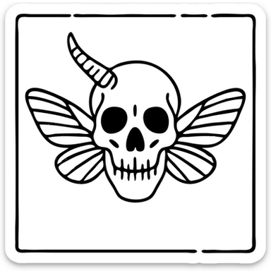 minimal red horror line art of minotaur-stoat hybrid skull with broken horn and eye, with moth wings, mostly empty middle with simple thin outline frame around the entire design, frame intentionally weathered and incomplete in spots, sparse horrific details, 100% red sticker