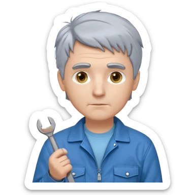 Calm and independent male technician, fair skin, short tousled grey hair, cool light-blue eyes, serious but composed expression, wearing a blue work jacket over a grey t-shirt, holding a wrench in one hand and a mechanical gear in the other, waist-up, front-facing sticker