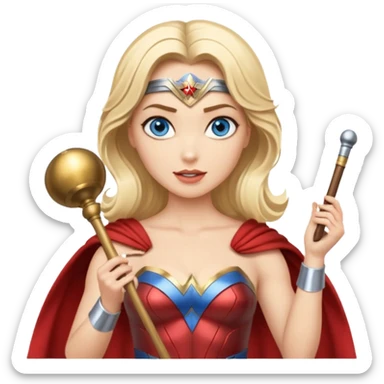 Blonde blue eyes Wonder Woman holding bell and short white orchestra conductor’s baton  sticker