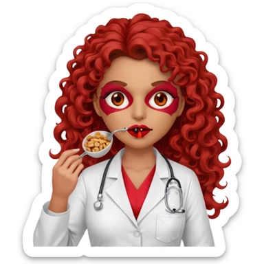Sensual Spanish Lilith core evil surgeon.red outfit.  Surgeon has red eyes. Her hair is brown long and  curly. wearing a sexy surgeon outfit with platform heels.she is a calculated smart cereal killer. She covers only her mouth and nose to hide identity  sticker