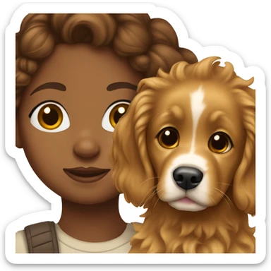 Brown girl with brown curly hair with a golden retriever puppy sticker
