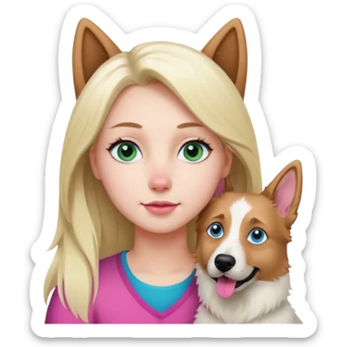 White European young woman with blue-green eyes and long blond hair with her white German Shepherd dog,the Dog has a pink nose and short fur  and Brown eyes sticker