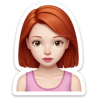 Redhead girl with deep brown eyes, pale skin with light red lips wearing a pink strap shirt sticker