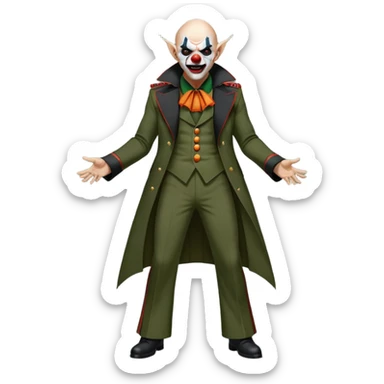 evil clown, bald, small black satan horns on forehead, fangs, pointed ears, eye patch over one eye, long coat over black and military green leisure suit with bellbottom pants, realistically proportioned, less bulky, full body, battle-ready fighting posture sticker