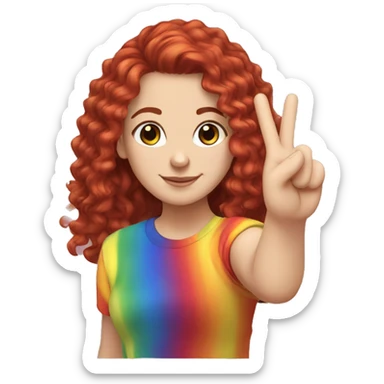 a white girl with long red curly hair in a pony tail with rainbow shirt does peace sign sticker