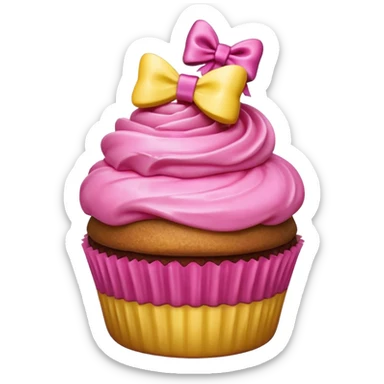 hyper realistic emoji of a bitten cupcake with pink frosting and a small gift bow on top, bitten part showing a tiny present inside, clean colorful emoji-style design sticker