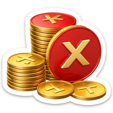 Apple emoji style, glossy 3D icon a red prohibition symbol (🚫) over a stack of shiny golden coins. The coins have soft reflections, rounded edges, and a small red X embossed on the top coin sticker