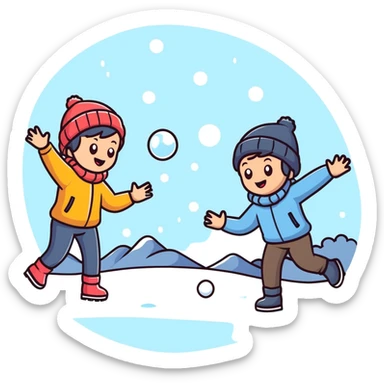 kids playing a snowball fight outdoors, energetic, winter clothing sticker