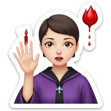 A buzz cut brunette girl with nose bleed and her hand reaching out as if she is putting a spell  sticker
