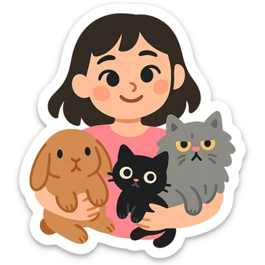 brunette chinita girl holding a brown holland lop rabbit, gray persian cat, and black kitten in pastel-toon style sticker