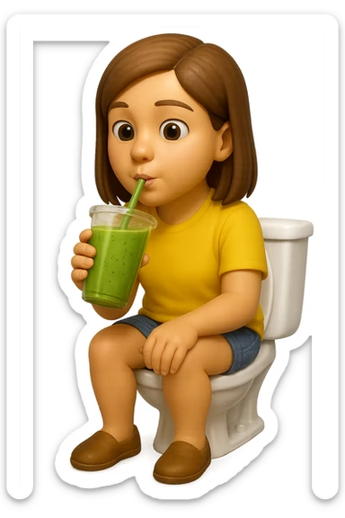 emoji stile iphone di una donna seduta sul wc che beve uno smoothies verde, iperrealistico 4k sticker