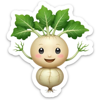 white turnip with cute smiling baby-like face and leafy stalk and cute spindly roots for hands sticker