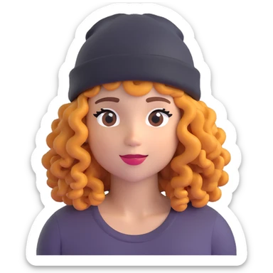 woman with curly hair and a beanie sticker