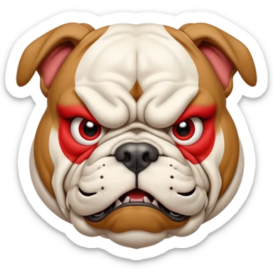 Create a fierce bulldog head emoji facing forward.
Strong jaw, deep wrinkles, and an intense scowl.
Small folded ears, sharp focused eyes, slight underbite with two visible fangs.
Style: modern esport mascot — clean lines, high contrast, intimidating but iconic.
Transparent background. sticker