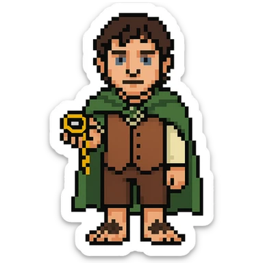 Whole body image of Frodo Baggins from the lord of the rings movie in pixel art style. Make Frodo look like the actor that portrayed him in the movie, Elijah Wood, blue eyes and dark curly hair. Frodo is wearing the same green elven cloak with the leaf buckle, brown vest, cream undershirt, dark brown leather short pants, and hairy hobbit feet. He is holding the one ring in the palm of his outstretched hand. the ring is golden yellow and a golden link chain necklace is strung through it. sticker