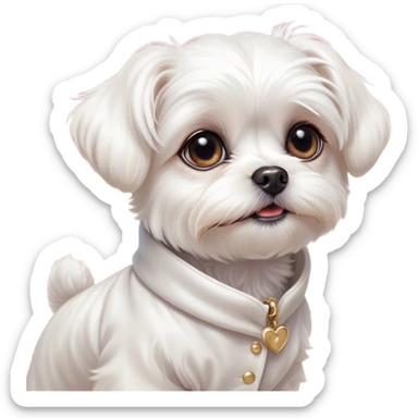Cinematic Cute Maltese Portrait Emoji, Head tilted playfully and inquisitively, featuring a luxurious, silky white coat with a healthy sheen, round, sparkling dark eyes filled with curiosity, Simplified yet irresistibly adorable features, highly detailed, glowing with a warm, friendly glow, high shine, affectionate and lively, stylized with a touch of whimsy, bright and endearing, soft glowing outline, capturing the essence of a mischievous yet loving companion, so playful it feels like it could scamper out of the screen and into your arms! sticker