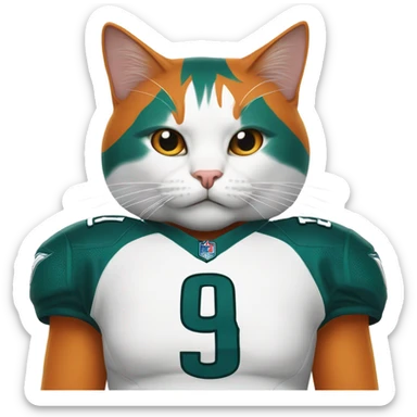 A cat he is white and orange, orange in the top of his head and ears and a orange mustache. Can you make him wear a Philadelphia eagles jersey  sticker