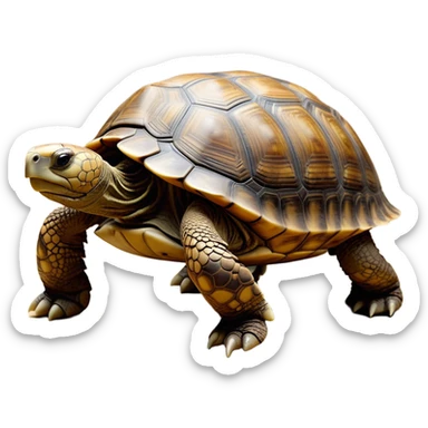 cinematic-tortoise-realistic-full-body-walking-emoji,-sturdy-domed-shell-in-rich-earthy-tones,-thick-scaled-legs-moving-slowly-but-deliberately,-wrinkled-wise-face-peering-ahead-with-calm-determination,-small-dark-eyes-reflecting-centuries-of-patience,-textured-leathery-skin-contrasting-with-the-hardness-of-its-shell,-simplified-yet-realistic-focused-features,-highly-detailed,-glowing-with-an-ancient-earthy-warmth sticker