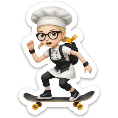 ["An angry woman with light skin, ponytail, wearing a chef hat and square glasses, dressed in goth fashion, is skateboarding while holding a backpack."] sticker
