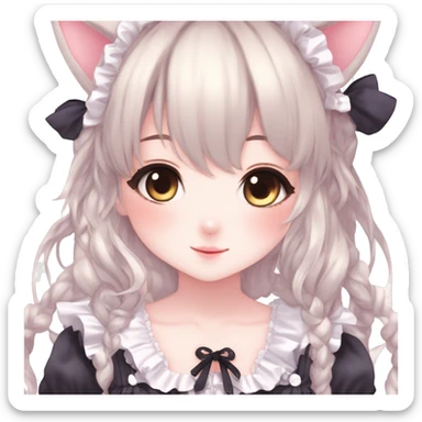 Gorgeous anime style catgirl with blushing face with maid outfit laces gothic Lolita idol model kawaiicore pastelcore cottagecore pearly petite simplistic aesthetic trending style sticker