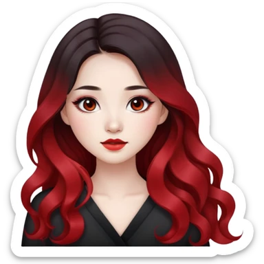 black ombre to red long wavy hair, pretty bratz baddie, pale skin, dark brown eyes, asian pretty bratz baddie sticker