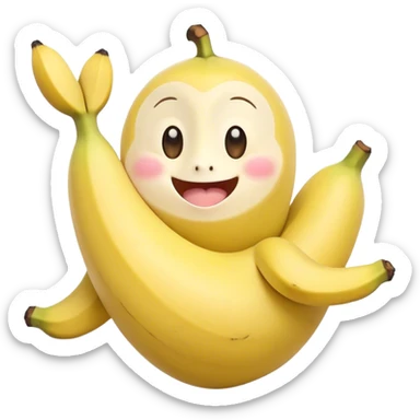 Cute Kawaii Banana, slightly curved, soft pastel yellow, cute giggling face with big round eyes, tiny arms waving happily, a peeled section revealing a smiling expression! sticker