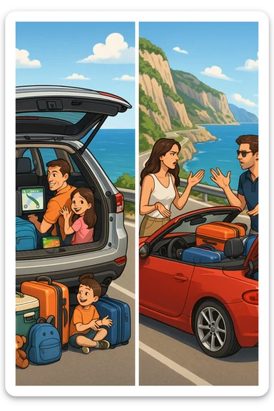"Spacious family SUV loaded with luggage, snacks, entertainment for kids, GPS showing clear 300km route planned with rest stops, happy family ready for road trip; contrasted with impractical two-seater convertible with no storage space, couple arguing about what to leave behind, suitcases barely fitting, comfort vs style dilemma, Italian coastal highway background" sticker