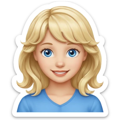 Please generate an image of a girl. She has blue eyes, blonde, wavy hair with bangs, and is smiling. sticker
