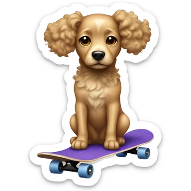 dog with light tan curly short fur, very very long ears down. dark brown eyes, mouth closed. on a skateboard sticker
