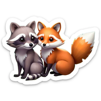Collage of a raccoon and a fox, in close-up, surrounded by a colorful forest with rich green trees, thick bushes, and vibrant foliage. Sunlight peeks through the branches, casting warm light on the animals. A lively, natural setting with a transparent background. sticker