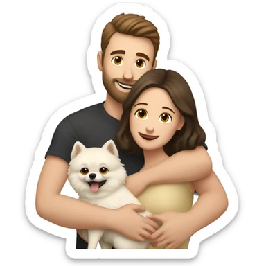 Young white man with short dark brown hair with a small beard hugging his white wife with dark brown hair and both of them hugging a beige and white Pomeranian  sticker
