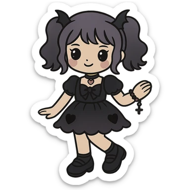 Edit the image of a K-pop girl in pastel goth fashion wearing a frilly dress with a dark color palette and gothic motifs. The girl should have a whimsical stance and cute jewelry. Remove the background. The style should reflect pastel goth with gothic motifs and a darker color scheme. sticker