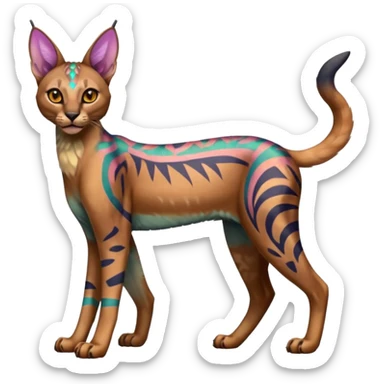 A Colorful iridescent exotic tropical tribal cute happy realistic elegant esoteric patterned dark caracal-Lykoi-bobcat-sphynx-genet-serval-Fakémon-hybrid-fusion-animal-creature, full body, 4-legged sticker
