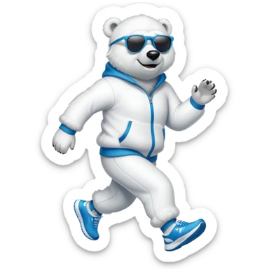 friendly anthropomorphised polar bear jogging upright wearing a tracksuit and sneakers, dark sunglasses sticker