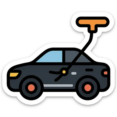 icon of a high-end black car with a subtle rod or hook tool touching a dent, matte black as main color, fine silver lines for contrast, simple style, focus on dent repair sticker