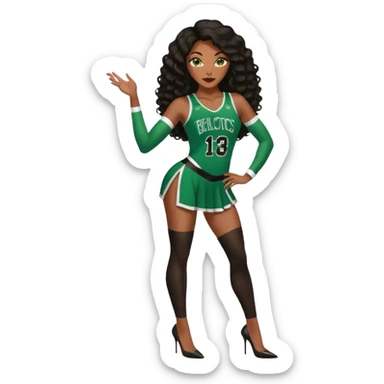 A 45-year-old ebony brown black woman with brown eyes, long body wave black brown baylaige hair dressed in sexy 
celtics jersey costume outfit and stilettos  sticker