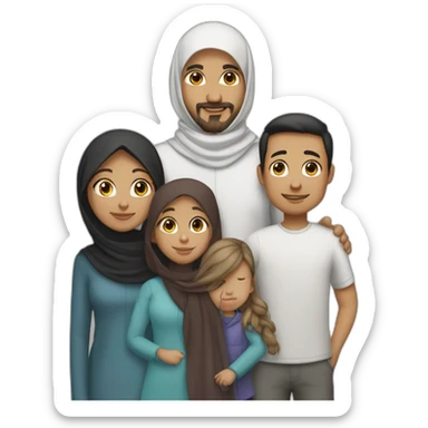 Family of four people: a mother who is the only person wearing a hijab, a father who has dark hair, a young little girl with dark hair, and a young little boy with dark hair, light brown skin sticker