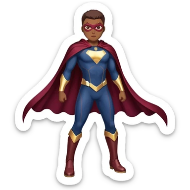 superhero in dark blue and maroon bodysuit with gold accents, digital cape, maroon boots, dynamic pose sticker