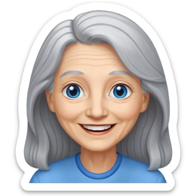 an elderly woman with long, grey hair and a smiling face with blue eyes sticker