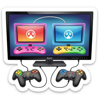 An icon showing two monitors with gaming interfaces, connected by a wire. Each monitor displays a different game screen, with two gamepads placed nearby, symbolizing multiplayer gameplay. transparent background. sticker