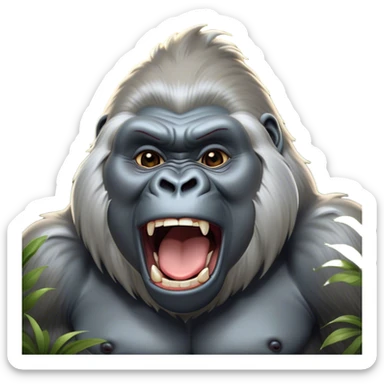 Cinematic Cute Yawning Silverback Gorilla Portrait Emoji, Head tilted slightly with a dramatic, wide-open yawn, showcasing a formidable build with a silvery mane and drowsy, half-closed eyes, Simplified yet irresistibly adorable features, highly detailed, glowing with a soft, cozy jungle glow, high shine, relaxed yet expressive, stylized with a dash of whimsical primate charm, soft glowing outline, capturing the essence of a drowsy yet affectionate guardian that appears ready to stretch out for a nap! sticker