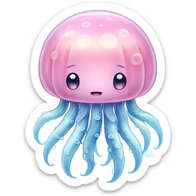 Cinematic floating kawaii jellyfish, tiny round body, soft glowing tentacles, pastel pink and blue hues, delicate sparkling highlights, dreamy and adorable. sticker