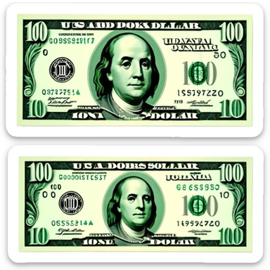 3D realistic US 100 dollar bill sticker, slight perspective, centered, clean cutout, transparent background, no text, no watermark sticker