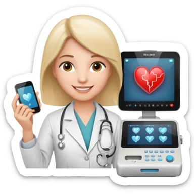 Cardiac sonographer with Philips ultrasound machine sticker