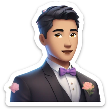 Gorgeous romantic anime style Asian formal modern gentlemanly guy with flowers and blushing face aesthetic trending style outside with colorful gradient bright light colors sticker