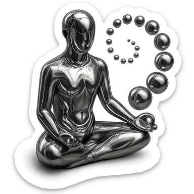 reflective chrome silhouette of a meditating person with a spiral of chrome spheres floating nearby, highly metallic sticker