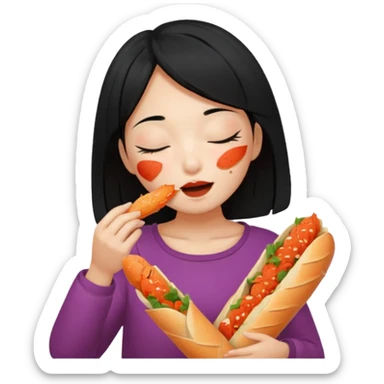 Girl black long hair eat kimchi close eyes baguette sticker