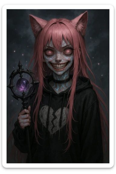 realistic anime catgirl with pink hair, emo streetwear, heart tattoo under left eye, dark magical accessory, sparkles, stormy background, possessed horror look with distorted features, glowing veins, unnatural smile sticker
