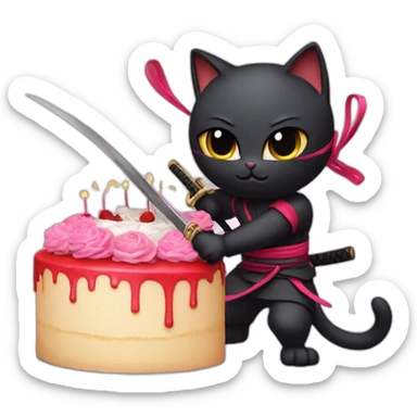 Ninja cat cuts a cake with a katana sticker