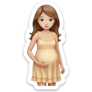 Single Woman with Blue eyes, and long flowing almond brown hair and a light peachy tan skin tone, standing in a relaxed pose with a visible baby bump in frilly buttercream colored babydoll sundress  sticker